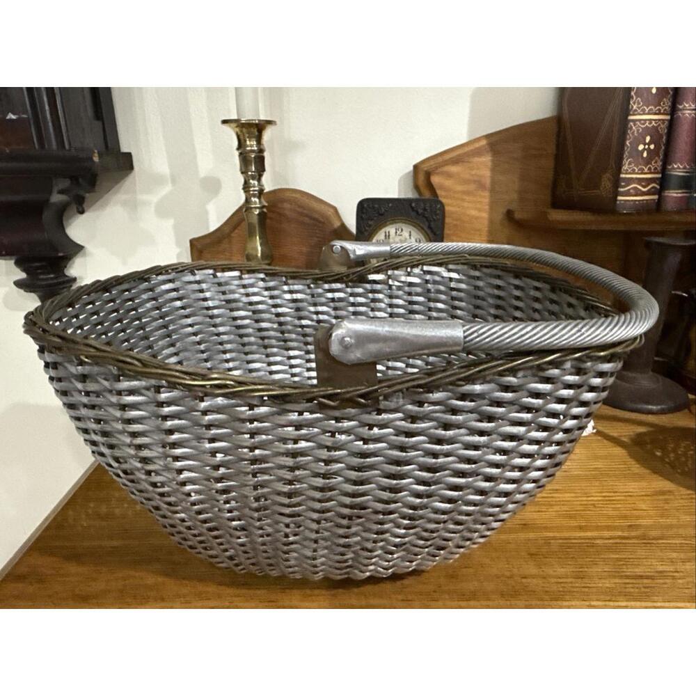 VTG Unique Woven Silver & Brass Metal Wire Basket Swing Handle Industrial Farm